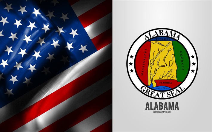 Sigillo dell&#39;Alabama, bandiera degli Stati Uniti, emblema dell&#39;Alabama, stemma dell&#39;Alabama, distintivo dell&#39;Alabama, bandiera americana, Stati Uniti d&#39;America