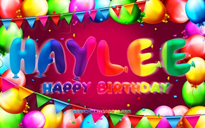 Happy Birthday Haylee, 4k, colorful balloon frame, Haylee name, purple background, Haylee Happy Birthday, Haylee Birthday, popular american female names, Birthday concept, Haylee
