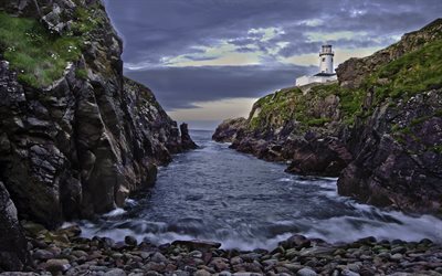 Fanad Head Deniz Feneri, Donegal, kayalar, koy, sahil, Kuzey Atlantik Okyanusu, İrlanda