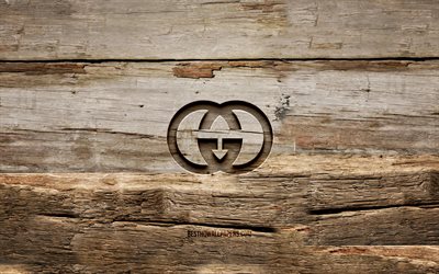 Gucci wooden logo, 4K, wooden backgrounds, fashion brands, Gucci logo, creative, wood carving, Gucci