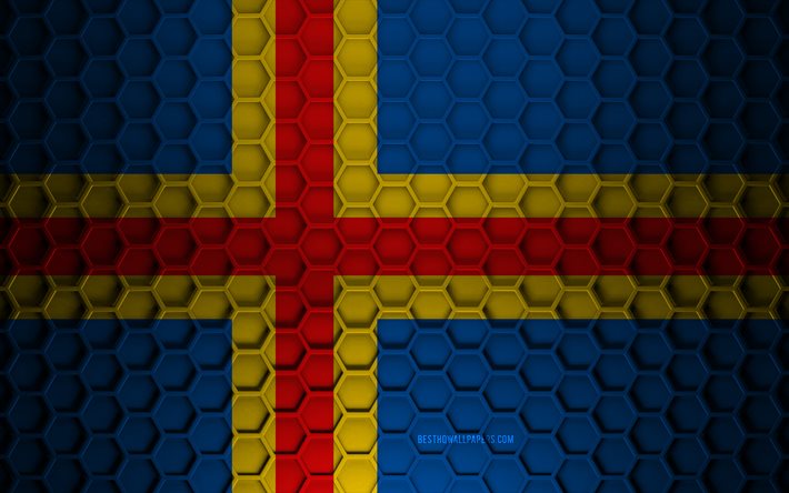 Bandiera Isole Aland, texture 3d esagoni, Isole Aland, texture 3d, Bandiera 3d Isole Aland, struttura in metallo, bandiera delle Isole Aland