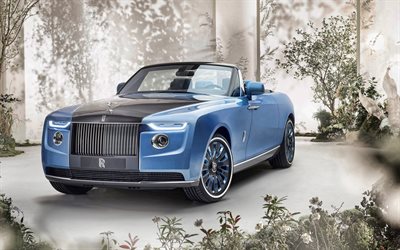 Rolls-Royce Boat Tail, 2021, 4k, vue de face, ext&#233;rieur, bleu convertible, nouveau bleu Boat Tail, voitures britanniques, Rolls-Royce