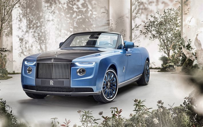 Rolls-Royce Boat Tail, 2021, 4k, vista frontal, exterior, convers&#237;vel azul, novo blue Boat Tail, carros brit&#226;nicos, Rolls-Royce