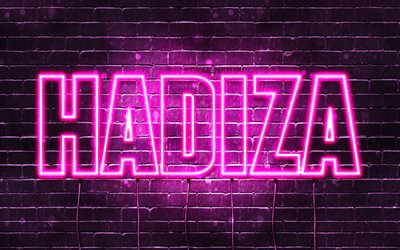 Hadiza, 4k, fonds d&#39;&#233;cran avec des noms, noms f&#233;minins, nom Hadiza, n&#233;ons violets, joyeux anniversaire Hadiza, noms f&#233;minins arabes populaires, photo avec nom Hadiza