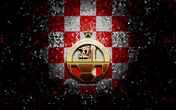 Hapoel Beer Sheva FC, glitter logo, Ligat ha Al, red white checkered background, soccer, Israeli football club, Hapoel Beer Sheva logo, mosaic art, football, Hapoel Beer Sheva, Israel
