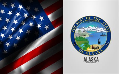 siegel von alaska, usa-flagge, alaska-emblem, alaska-wappen, alaska-abzeichen, amerikanische flagge, alaska, usa