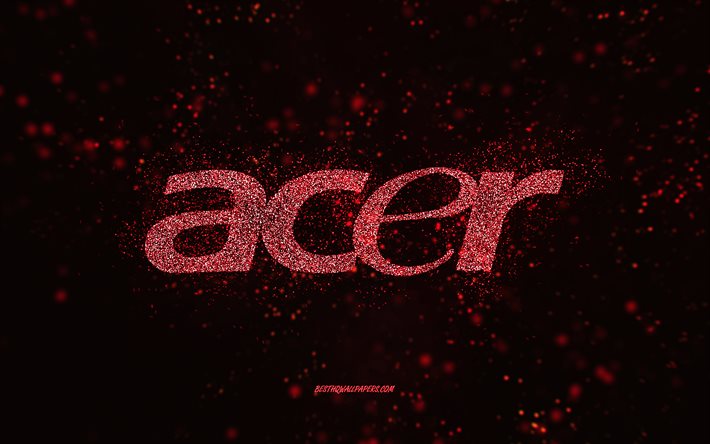 Acer logo glitter, 4k, sfondo nero, logo Acer, rosso glitter art, Acer, arte creativa, Acer rosso glitter logo