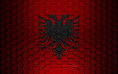 Drapeau de l&#39;Albanie, texture des hexagones 3d, Albanie, texture 3d, drapeau de l&#39;Albanie 3d, texture en m&#233;tal, drapeau de l&#39;Albanie