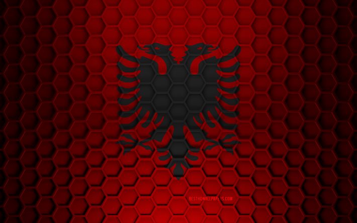 Drapeau de l&#39;Albanie, texture des hexagones 3d, Albanie, texture 3d, drapeau de l&#39;Albanie 3d, texture en m&#233;tal, drapeau de l&#39;Albanie