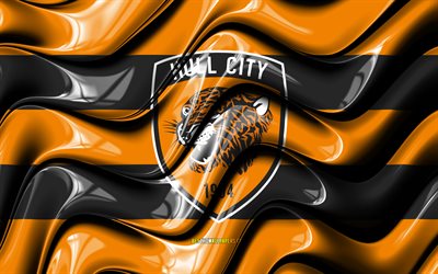 Drapeau Hull City FC, 4k, vagues 3D orange et noir, Championnat EFL, club de football anglais, football, logo Hull City FC, Hull City FC, FC Hull City