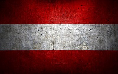 Drapeau autrichien en m&#233;tal, art grunge, pays europ&#233;ens, jour de l&#39;Autriche, symboles nationaux, drapeau de l&#39;Autriche, drapeaux en m&#233;tal, Europe, drapeau autrichien, Autriche