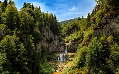 Forest, waterfall, summer, river, mountains, tourism, beautiful waterfall