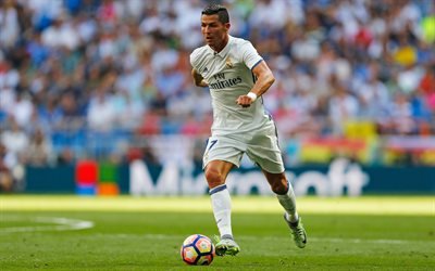 Cristiano Ronaldo, Portuguese footballer, Real Madrid, dribbling, football, stadium, Spain