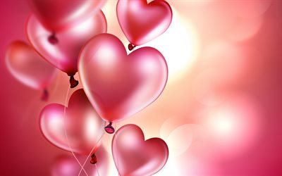 3d palline rosa, rosa, palloncini cuore, amore, cuore