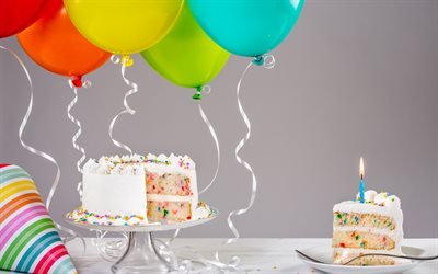 Buon compleanno, torta, candele, palloncini, torta di compleanno
