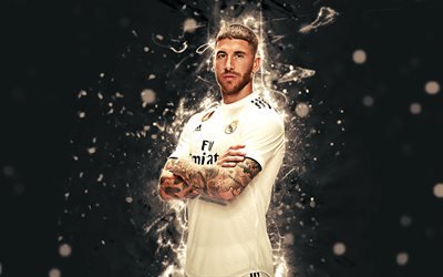 4k, Sergio Ramos, kausi 2018-2019, jalkapalloilijat, neon valot, Real Madrid, jalkapallo, Ramos, fan art, Liiga, Galacticos
