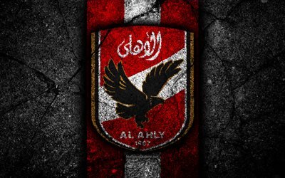 4k, FC Al Ahly, logo, Egyptian Premier League, EPL, soccer, Egypt, black stone, Al Ahly, football, Asphalt texture, Al Ahly FC