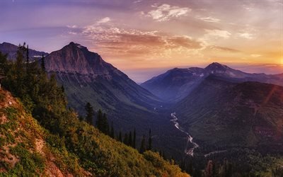 4k, Glacier National Park, valley, sunset, forest, mountains, America, USA