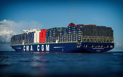CMA CGM Bougainville, Konttialus, Ranskan lippu, seaport, suuri rahtialus, kontin kuljetuksen meritse, toimitus k&#228;site, CMA CGM