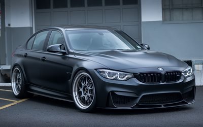 BMW M3, 2018, F80, 4k, musta sedan, tuning M3, musta matta M3, ulkoa, Saksan autoja, BMW