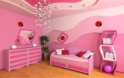 makuuhuone projekti pieni tytt&#246;, vaaleanpunainen lasten huone, moderni sisustus, hanke, leikkihuone
