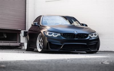 BMW M3, 4k, vista frontal, luxuoso tuning, preto fosco M3, exterior, belas rodas, ajuste f80, Alem&#227; de carros esportivos, BMW
