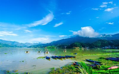 Phewa Lake, 4k, mountains, summer, Phewa Tal, Pokhara Valley, Nepal, Asia