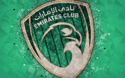 Emirates Club, 4k, geometrik sanat, logo, emirlik Futbol Kul&#252;b&#252;, yeşil arka plan, amblem, BAE Pro-Lig, Halid Bin Velid, Birleşik Arap Emirlikleri, Basra K&#246;rfezi Ligi, futbol