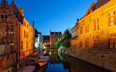 Brugge, B&#233;lgica, noite, canal, barco, paisagem urbana