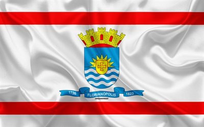 フラグのフロリアノポリス, 4k, シルクの質感, ブラジルの市, 白赤絹の旗を, フロリアノポリス旗, サンタカタリナビ, ブラジル, 美術, 南米, フロリアノポリス