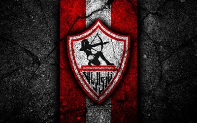 4k, FC Zamalek, logo, Egyptian Premier League, EPL, soccer, Egypt, black stone, Zamalek, football, Asphalt texture, Zamalek FC