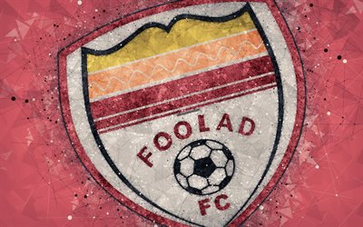 Foolad FC, 4k, Iranska football club, geometriska art, logotyp, kreativa emblem, r&#246;d bakgrund, Iran Pro League, Ahvaz, Iran, Persiska Viken Pro League, fotboll