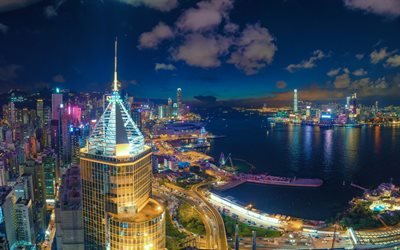 Causeway Bay, Hong Kong, gece, g&#246;kdelenler, şehir, panorama