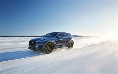 Jaguar F-Pace, 2018, 4K, elegant SUV, ice ride, winter riding, new blue F-Pace, British luxury cars, Jaguar