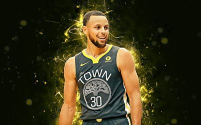 Stephen Curry, 4k, nero uniforme, stelle di basket, NBA, Golden State Warriors di Curry, basket, arte astratta, luci al neon, creative