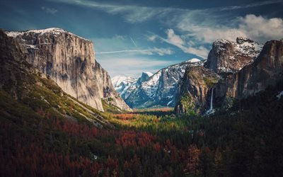 El Valle de Yosemite, estados UNIDOS, oto&#241;o, bosque, monta&#241;as, Parque Nacional de Yosemite, en Sierra Nevada, 4k, estados unidos