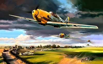 Messerschmitt Bf109, art, French military airfield, French fighter World war II, JG26 Schlageter, Messerschmitt