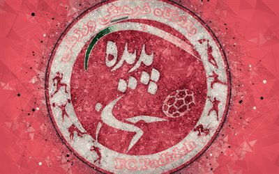 Padideh Khorasan FC, 4k, Iranska football club, geometriska art, logotyp, kreativa emblem, r&#246;d bakgrund, Iran Pro League, Mashhad, Iran, Persiska Viken Pro League, fotboll
