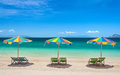 bright umbrellas on the beach, summer, tropical island, ocean, beach chairs, azure coast, beach