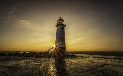 Point of Ayr Lighthouse, old lighthouse, coast, sunset, evening, Irish Sea, Liverpool, Talacre, Wales