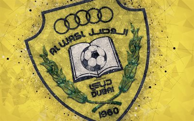 Al-Wasl FC, 4k, arte geometrica, logo, emirato football club, sfondo giallo, emblema, UAE Pro-League, Dubai, Emirati Arabi Uniti, Arabian Gulf League, calcio