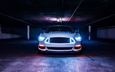 El Ford Mustang GT, 4k, 2018 coches, tuning, aparcamiento, supercars, nuevo Mustang, coches americanos, Ford