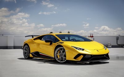 Lamborghini Huracan, 2018, 4k, jaune supercar, &#224; l&#39;ext&#233;rieur, tuning, Performante, Jaune Huracan, drapeau italien, Lamborghini