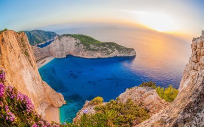 Navaggio الشاطئ, 4k, غروب الشمس, الجنة, الصيف, Zaykanthos, اليونان, أوروبا