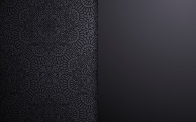 la trama di grigio, nero pattern, pattern floreale, elegante, sfondo grigio, 4k