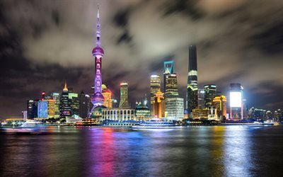 Shanghai World Financial Center, Shanghai Tower, Jin Mao, skyskrapor, natt, Kina, Asien, Shanghai