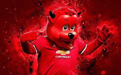 Fred the Red, 4k, mascot, Red Devil, Manchester United, abstract art, Premier League, creative, Man United, official mascot, Manchester United mascot