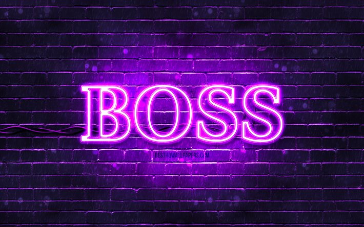 Hugo Boss menekşe logosu, 4k, menekşe brickwall, Hugo Boss logosu, moda markaları, Hugo Boss neon logosu, Hugo Boss