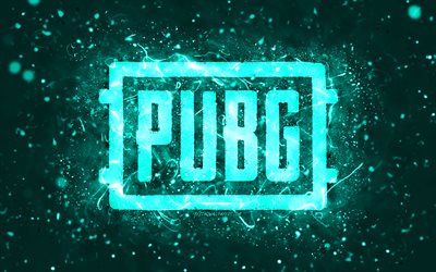 Logotipo do Pubg turquesa, 4k, luzes de n&#233;on turquesa, PlayerUnknowns Battlegrounds, criativo, fundo abstrato turquesa, logotipo do Pubg, jogos online, Pubg