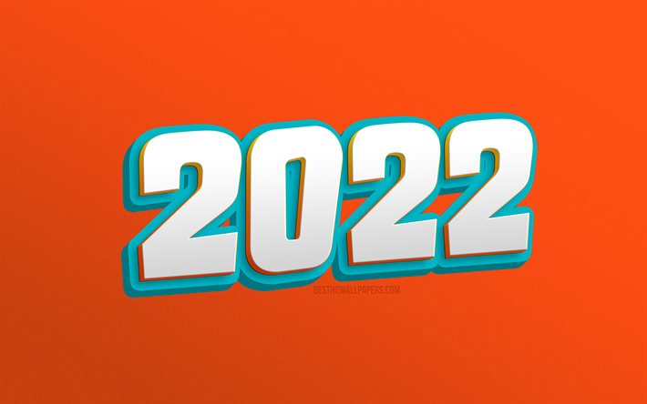 Ann&#233;e 2022, art 3d blanc, nouvel an 2022, fond orange, bonne ann&#233;e 2022, lettres 3d, nouvelle ann&#233;e 2022, concepts 2022